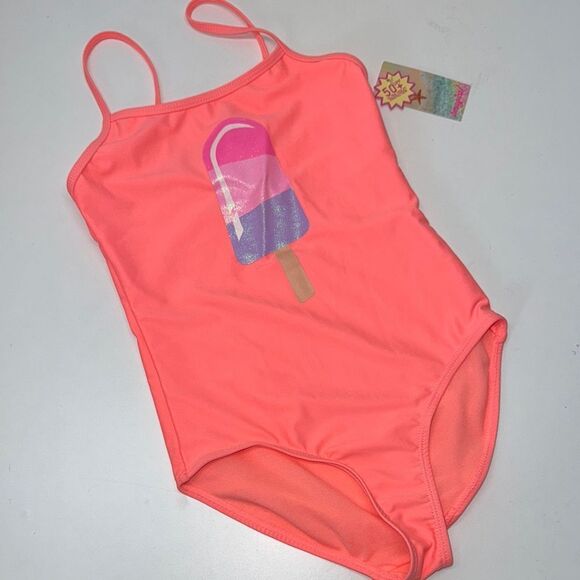 🔥btween Coral One Piece Swimsuit with Popsicle Design girls kids Sz 10 New - Picture 1 of 7